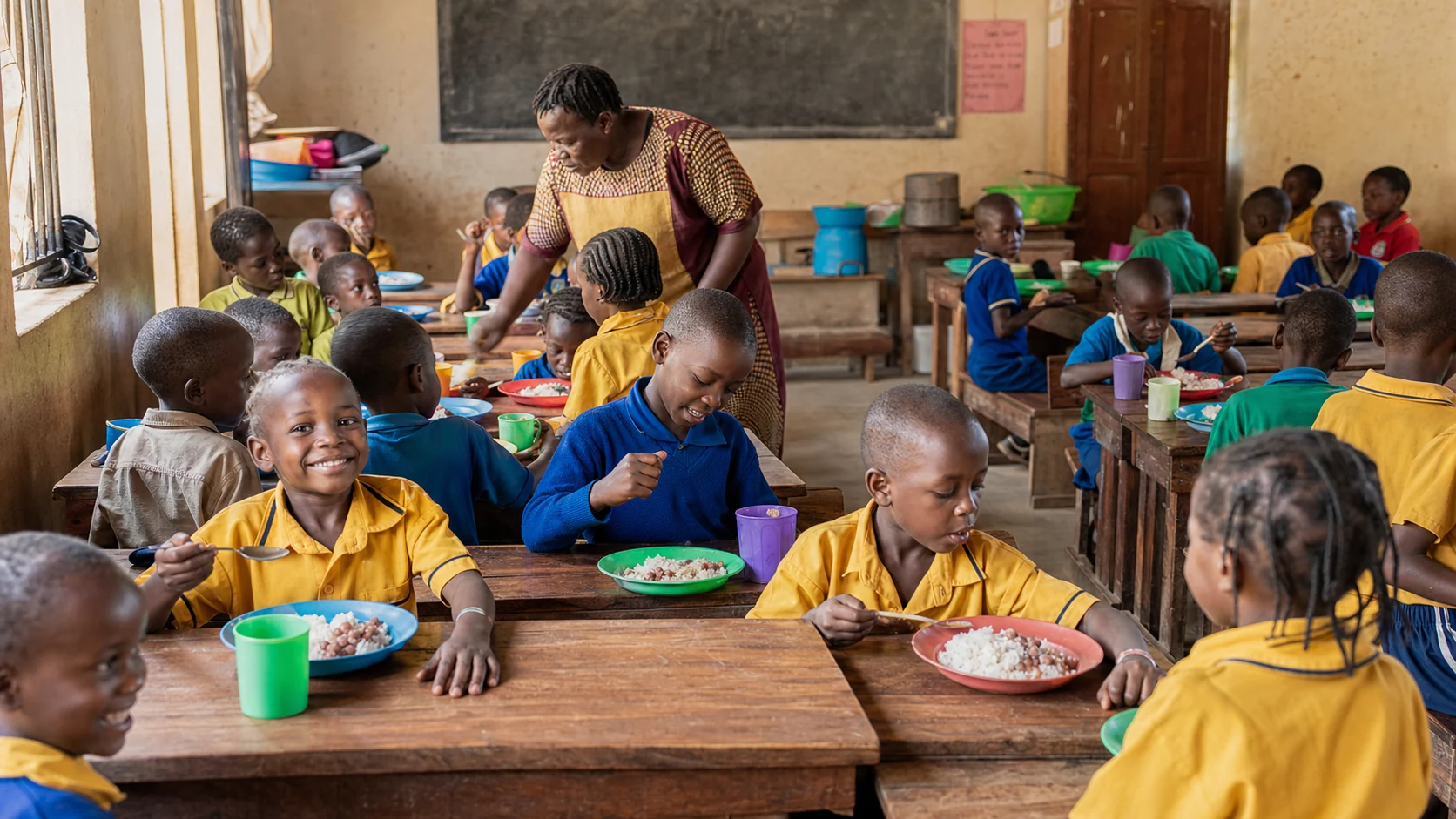 Ugandan primary school children sharing a nutritious lunch