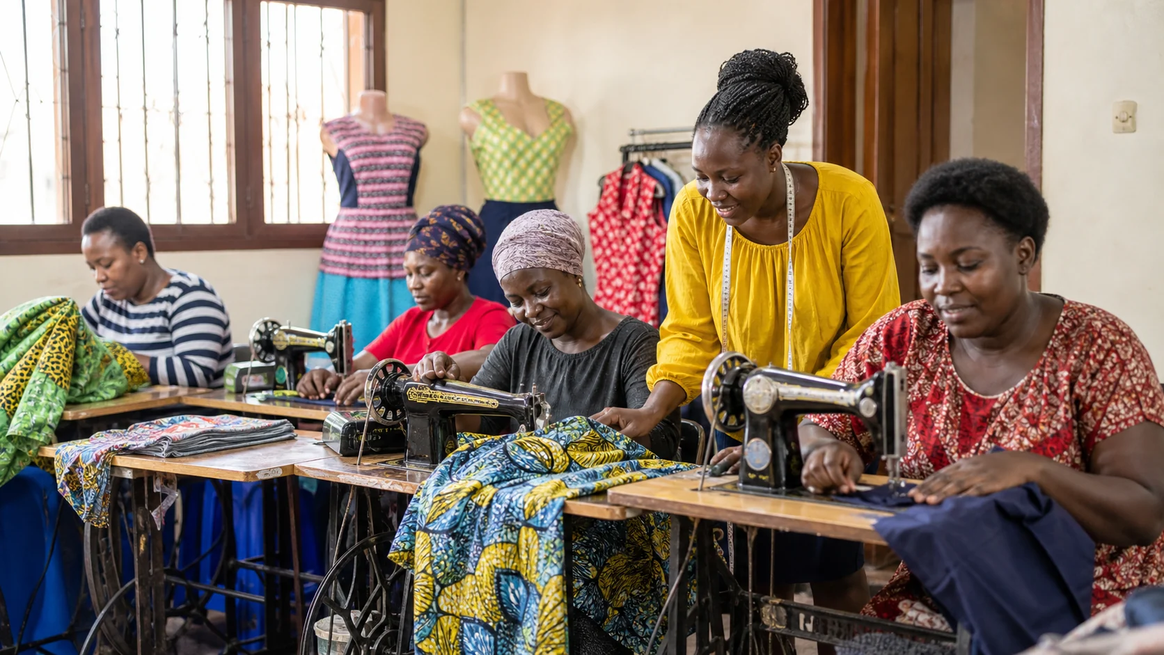 Ugandan women learning sewing skills together